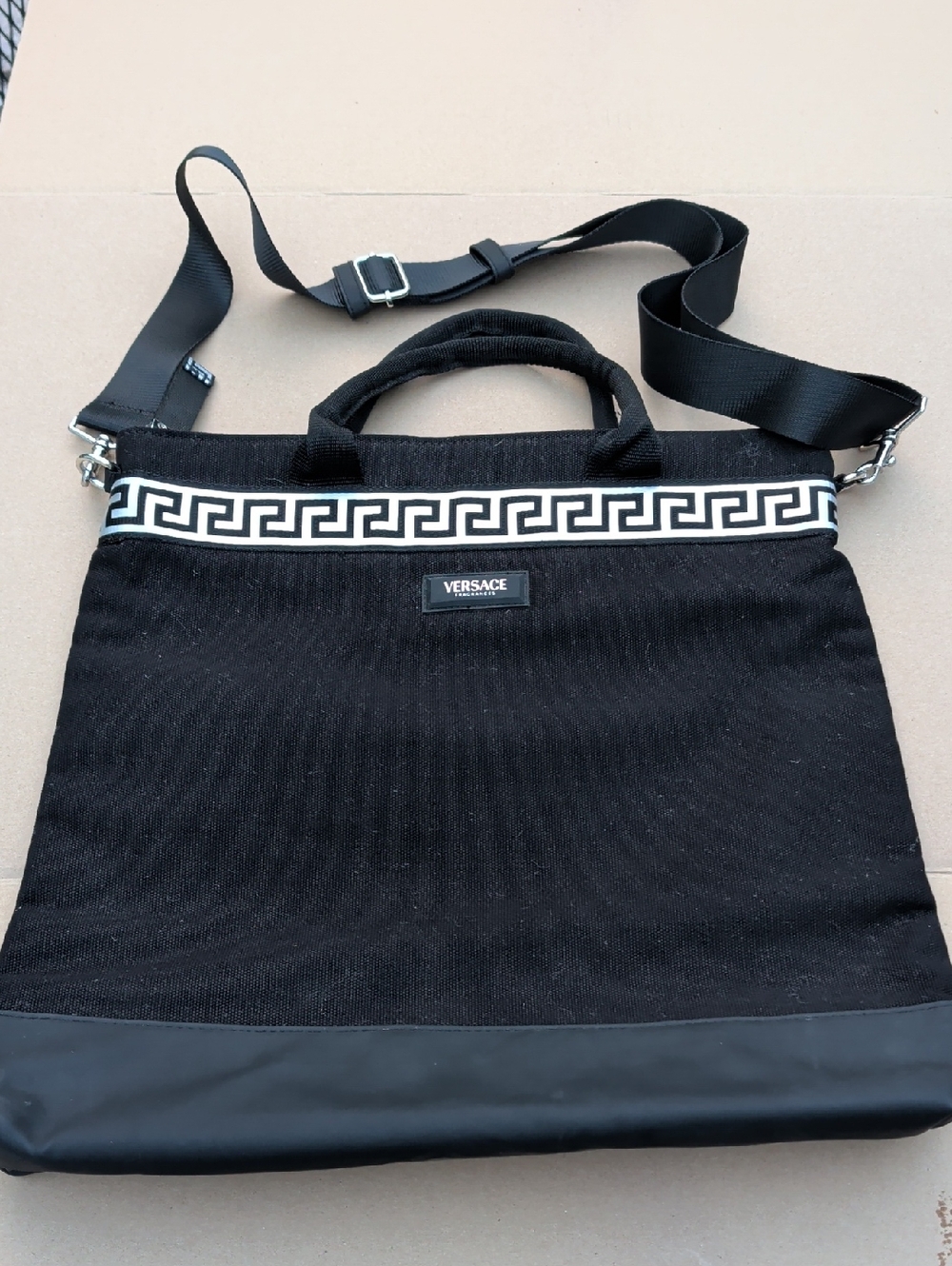 Versace Black & White Greek Key Lap Top Messenger Bag Canvas Chic Minimalist